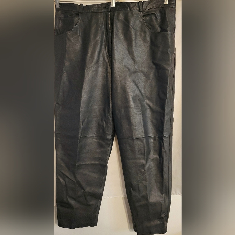 Venezia Womens Leather Pants Plus Size 22 Black Genuine Leather Straight Leg - Picture 3 of 5